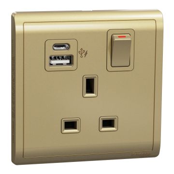 Switched socket with USB charger, Pieno, 21W type A+C, 13A, wine Gold