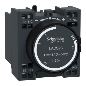 Time delay auxiliary contact block, TeSys Deca, 1NO+1NC, on delay 1-30s, front, spring terminals