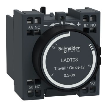 Time delay auxiliary contact block, TeSys Deca, 1NO+1NC, on delay 0.3-3s, front, spring terminals