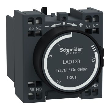 Time delay auxiliary contact block, TeSys Deca, 1NO+1NC, on delay 1-30s, front, spring terminals
