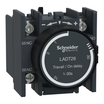 Time delay auxiliary contact block, TeSys Deca, 1NO+1NC, on delay 1-30s, front, lugs-ring terminals