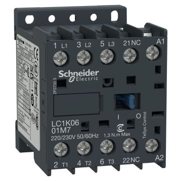 Contactor, TeSys K, 3P, AC-3/AC-3e,<lt/>=440V 6A, aux. 1NC, 42V AC coil