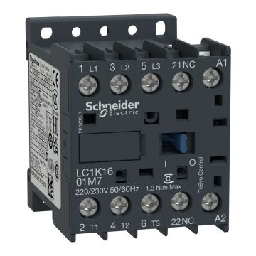 Contactor, TeSys K, 3P, AC-3/AC-3e,<lt/>=440V 16A, aux. 1NC, 220...230V AC coil