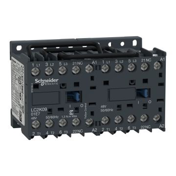 reversing Contactor, TeSys K, 3P, AC-3/AC-3e,440V 9A, 1NC, 48V AC coil