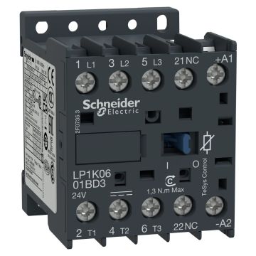 Contactor, TeSys K, 3P, AC-3/AC-3e, 440V, 6A, 1NC aux, 24V DC coil, with integral suppression device