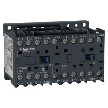 reversing Contactor, TeSys K, 3P, AC-3/AC-3e,440V 6A, 1NC, 24V DC coil, screw clamp terminals