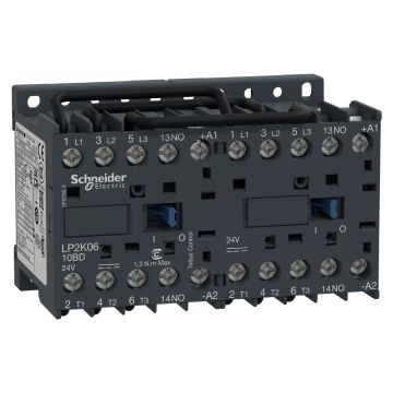reversing Contactor, TeSys K, 3P, AC-3/AC-3e,440V 6A, 1NO, 24V DC coil, screw clamp terminals