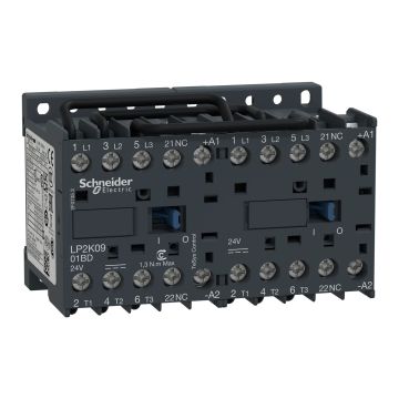 reversing Contactor, TeSys K, 3P, AC-3/AC-3e,440V 9A, 1NC, 24V DC coil, screw clamp terminals