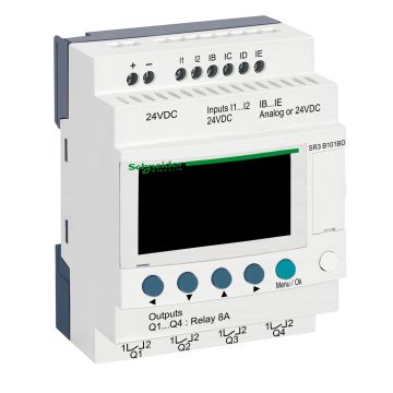 modular smart relay, Zelio Logic SR2 SR3, 10 IO, 24V DC, clock, display, 4 relay outputs