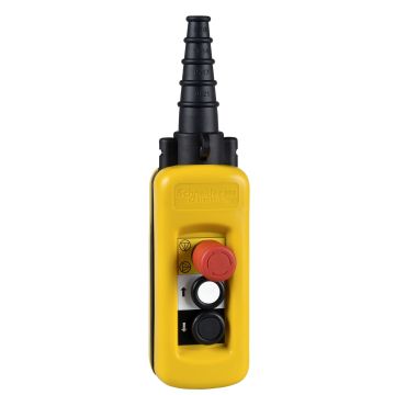 Pendant control station, Harmony XAC, plastic, yellow, pistol grip, 2 push buttons 1NO + 1NO, 1 emergency stop trigger action 3NC