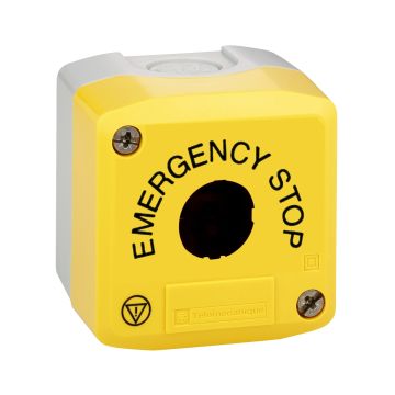 Empty control station, Harmony XALD, XALK, plastic, yellow, 1 cut out, marked EMERGENCY STOP and logo ISO13850