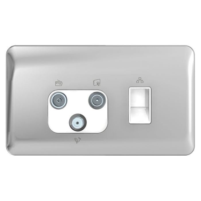 Lisse - Data - TV/FM/SAT & 1 gang RJ45 Cat6 Polished chrome with White Interior main product photo