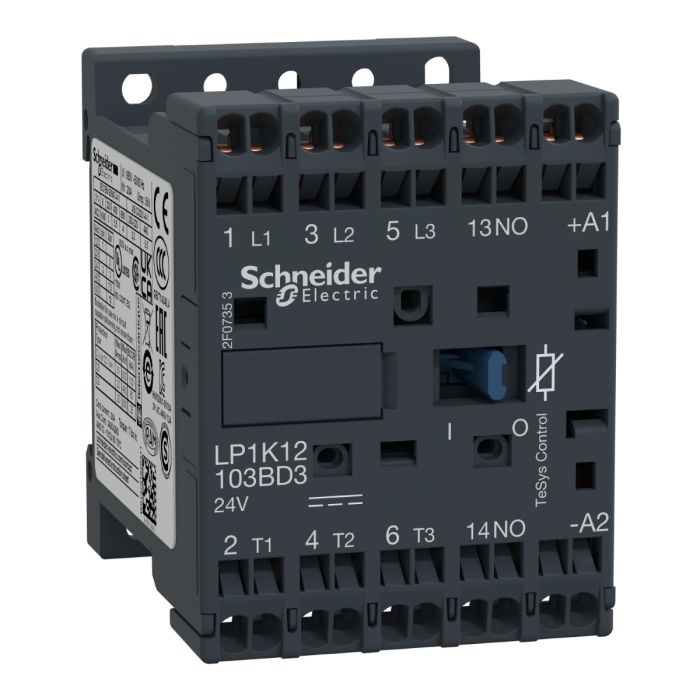 Contactor, TeSys K, 3P, AC-3/AC-3e, 440V, 12A, 1NO aux, 24V DC coil,with integral suppression device main product photo