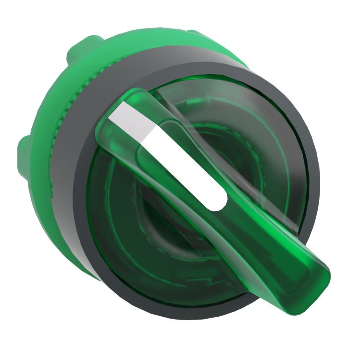 Head for illuminated selector switch, Harmony XB5, Harmony XALF, grey plastic, green handle, 22mm, universal LED, 2 positions main product photo