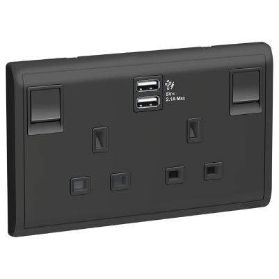 13A Twin Gang Switched Socket with 2.1A USB, Matt Black