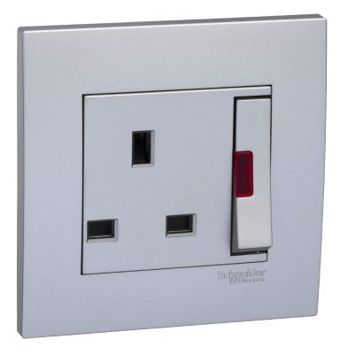 Vivace 13A 250V 1Gang DP Large Dolly Switched socket with NE, Aluminium silver