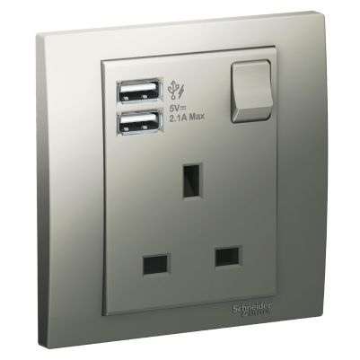 Power socket outlet+USB charger, Vivace, 13A, 1 gang, aluminium silver