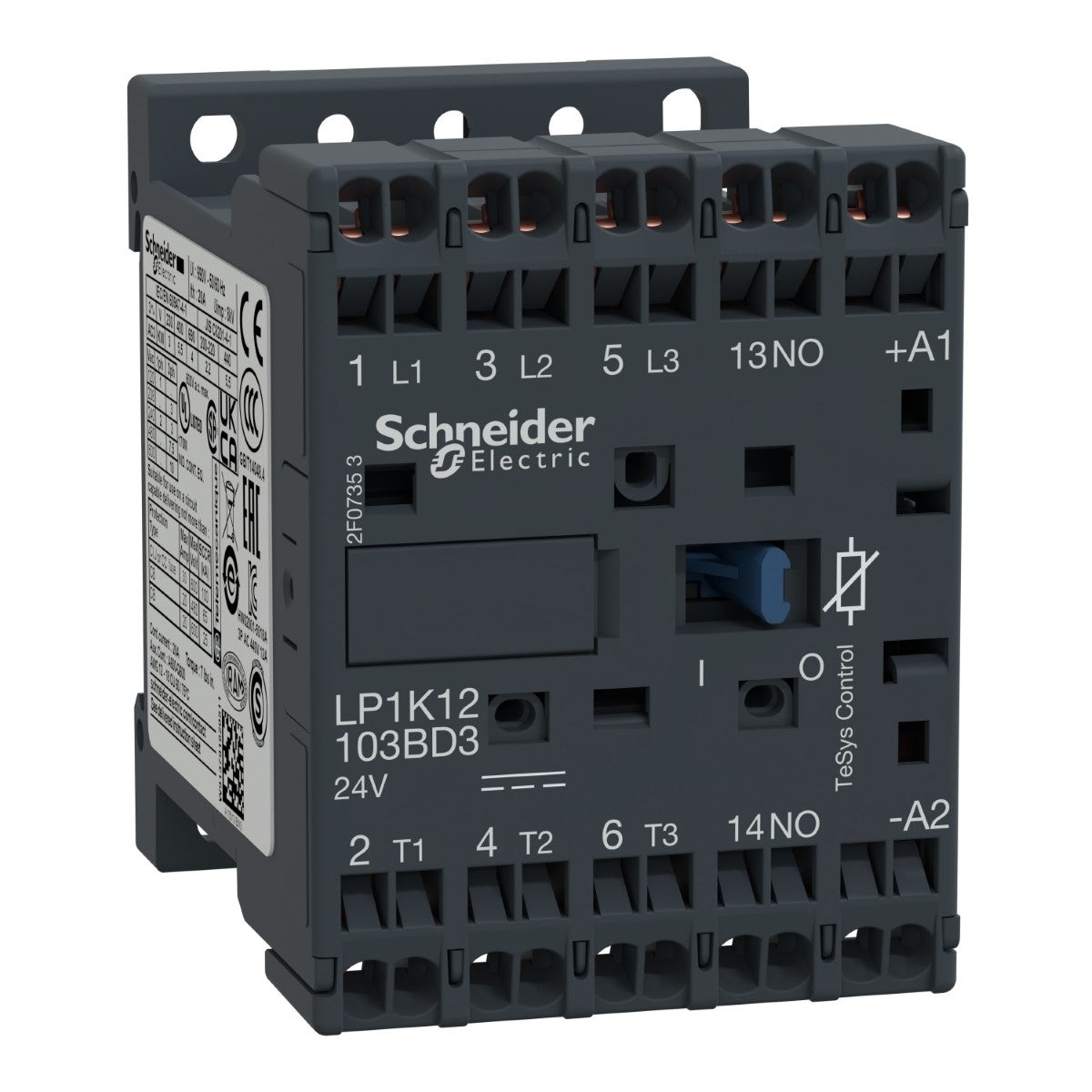 Contactor, TeSys K, 3P, AC-3/AC-3e, 440V, 12A, 1NO aux, 24V DC coil,with integral suppression device