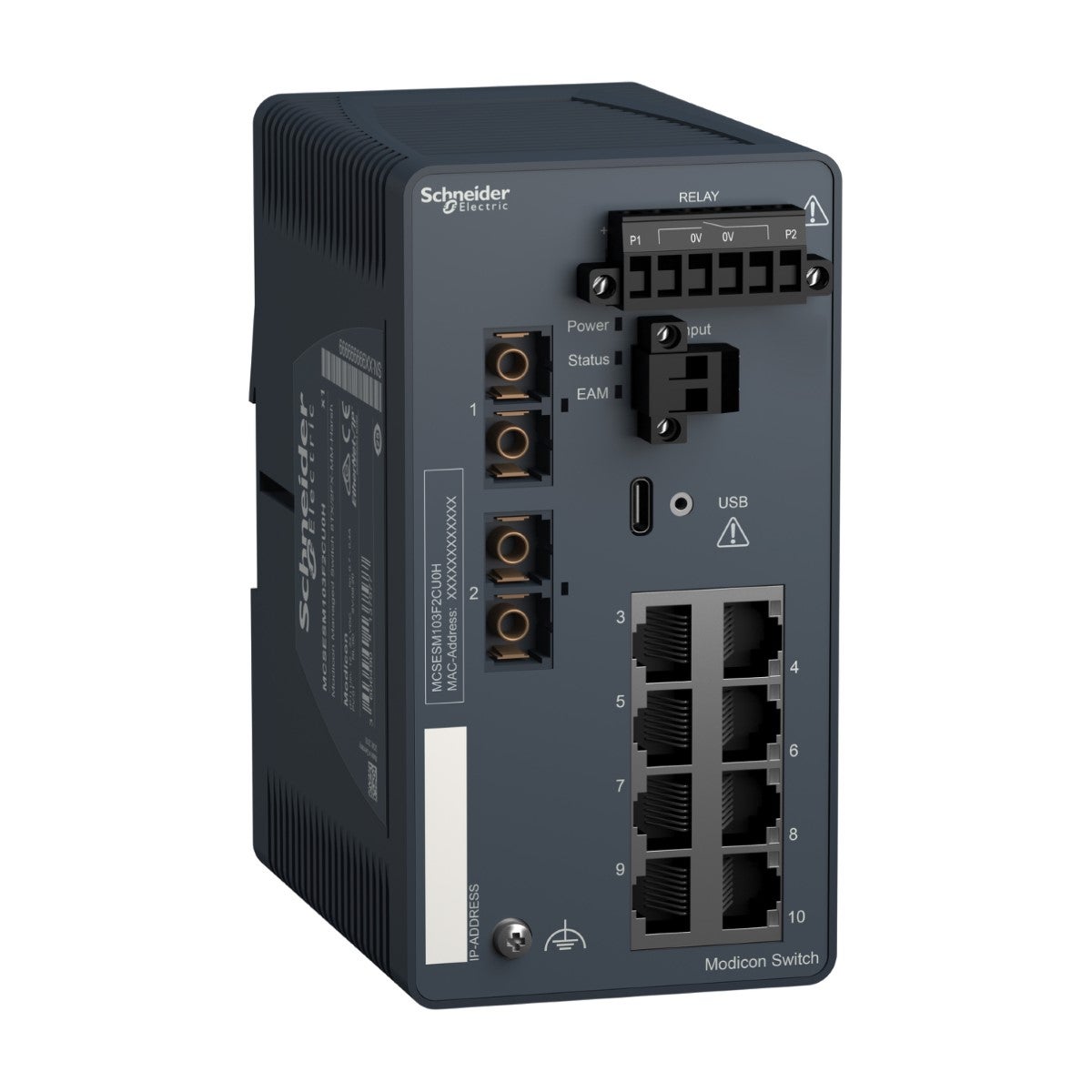 network switch, Modicon Networking, managed, 8 ports for copper with 2 ports for fiber optic, multimode, harsh
