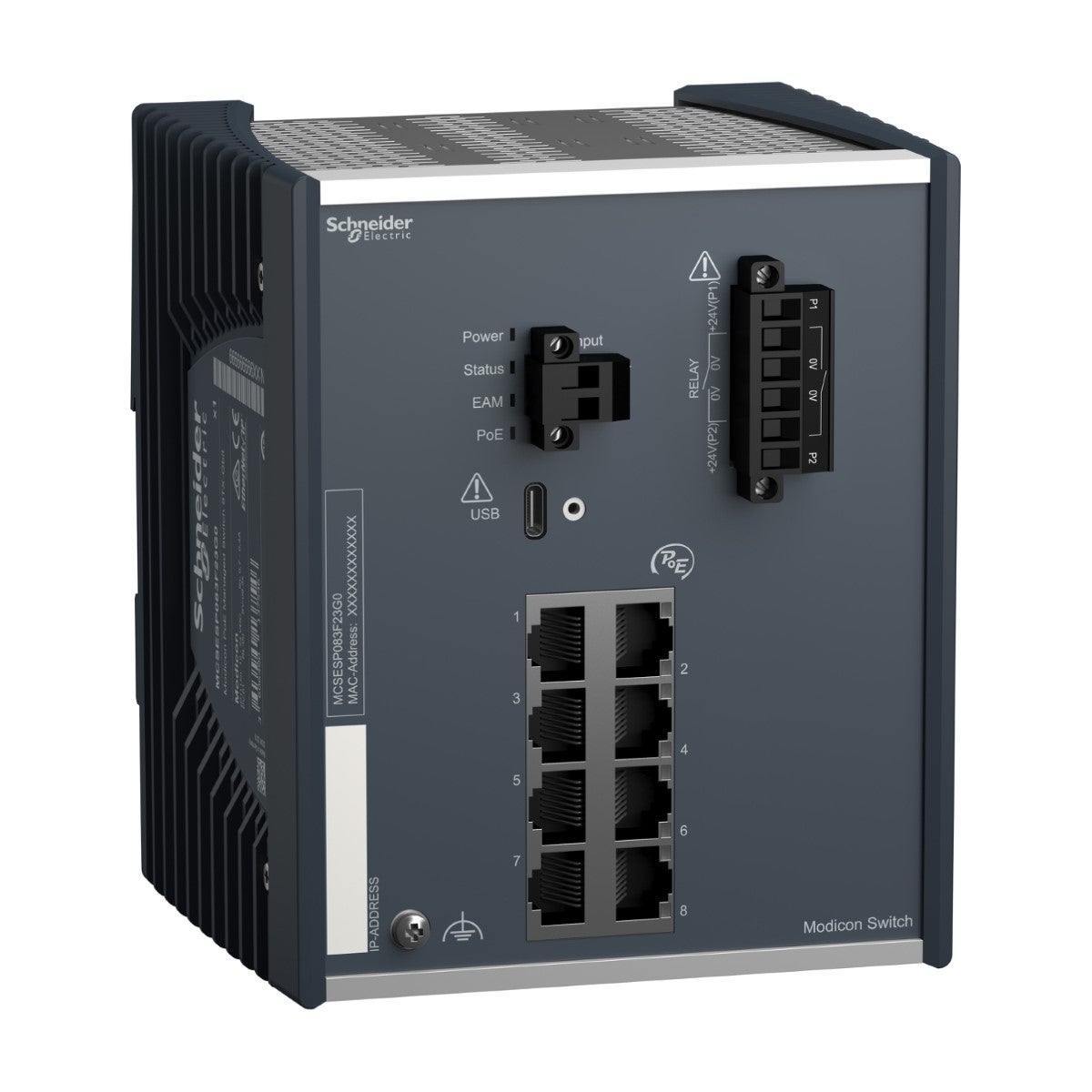 network switch, Modicon Networking, PoE power over Ethernet, managed, 8Gigabit ports for copper