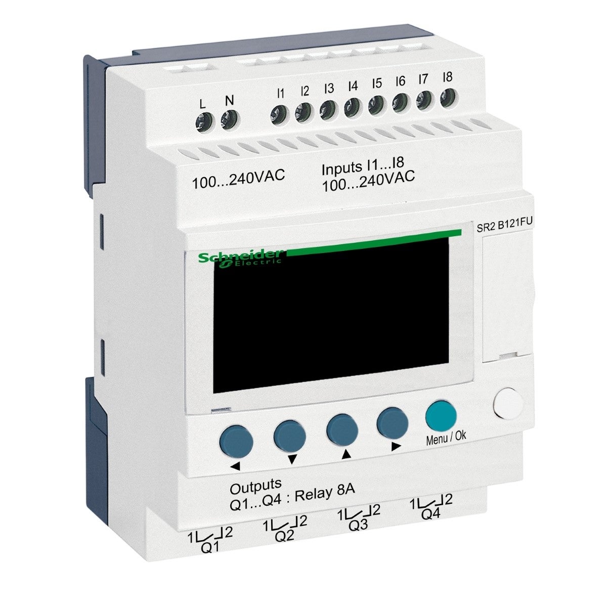 compact smart relay, Zelio Logic SR2 SR3, 12 IO, 100 to 240V AC, clock, display