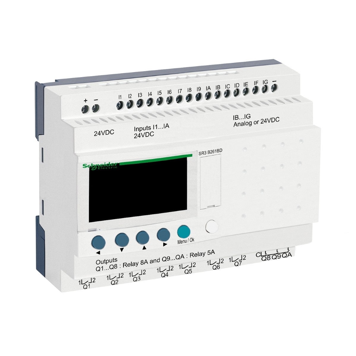 modular smart relay, Zelio Logic SR2 SR3, 26 IO, 24V DC, clock, display, 10 relay outputs