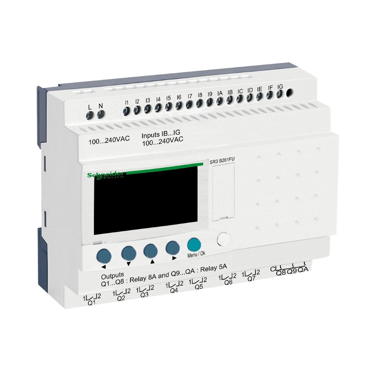 modular smart relay, Zelio Logic SR2 SR3, 26 IO, 100 to 240V AC, clock, display