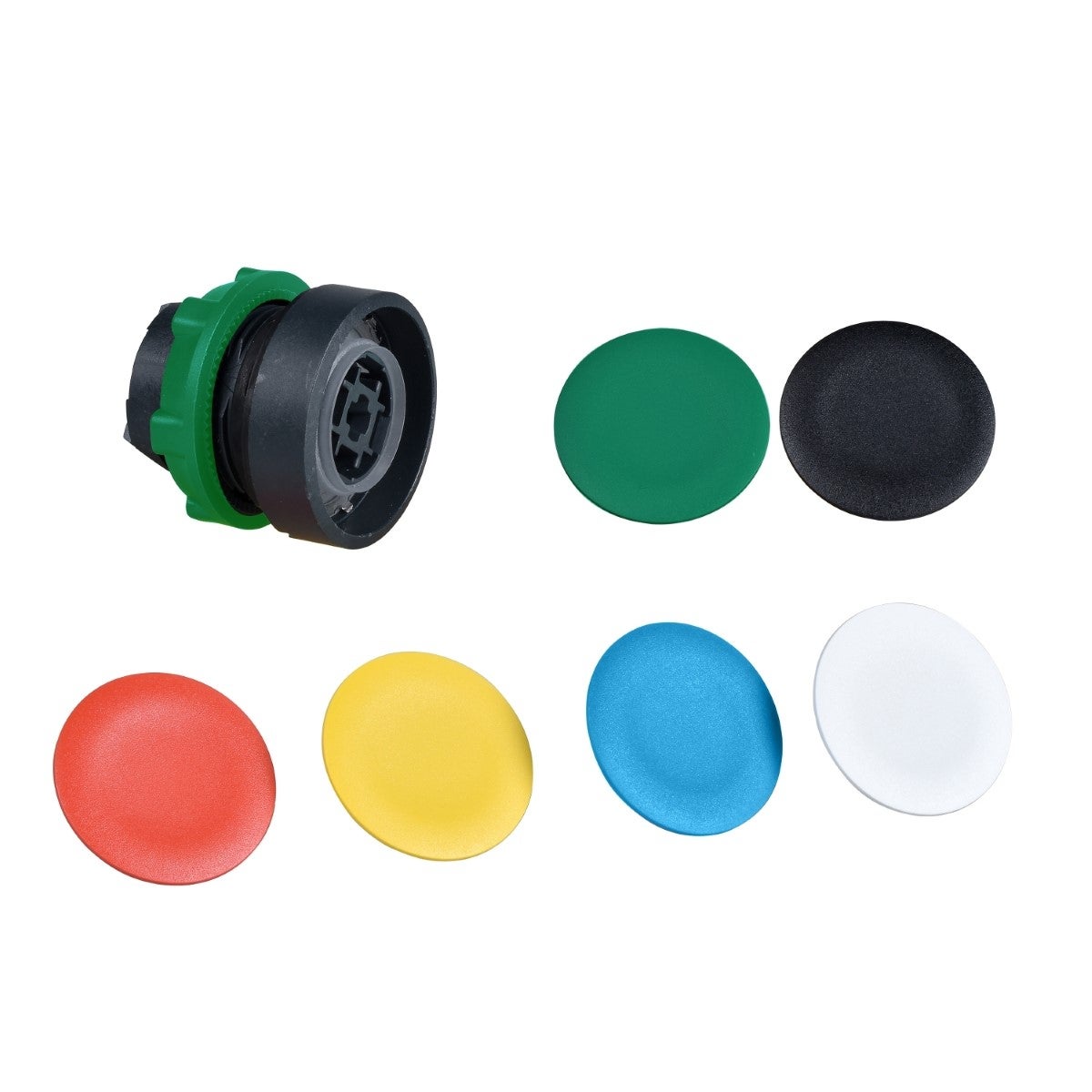 Push button head, Harmony XB5, plastic, flush, 22mm, spring return, with 6 coloured caps unmarked